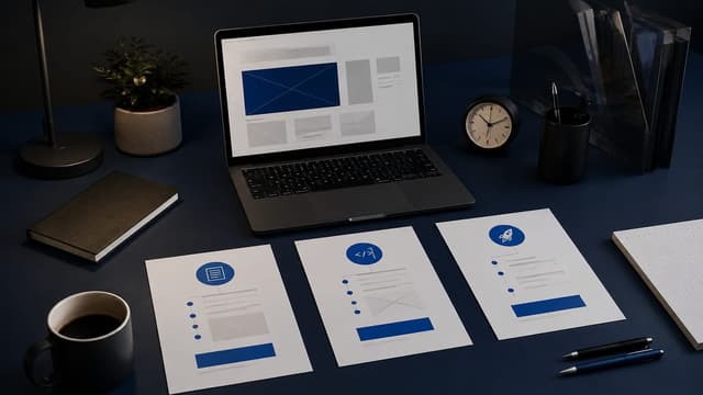 Website planning workspace with a laptop, three project stages and a desk clock