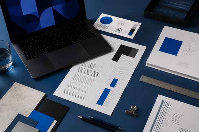 BlueWebMar design workspace with layout studies and material samples