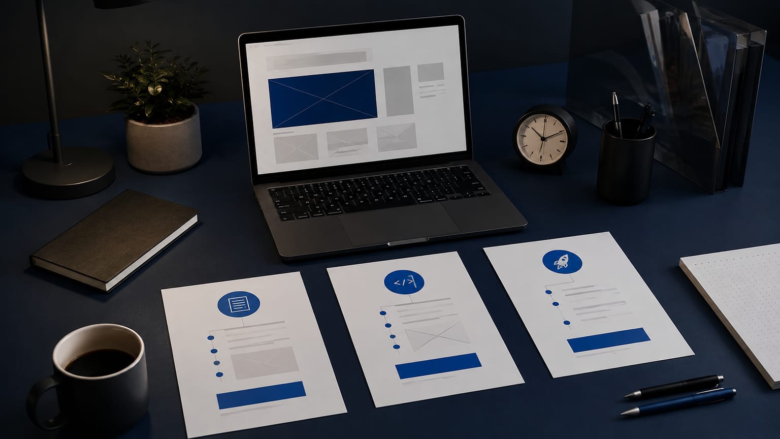 Website planning workspace with a laptop, three project stages and a desk clock