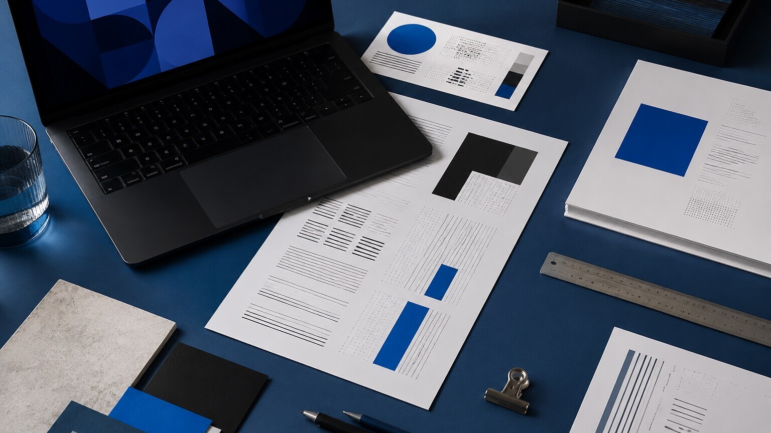 BlueWebMar design workspace with a laptop, layout studies and material samples